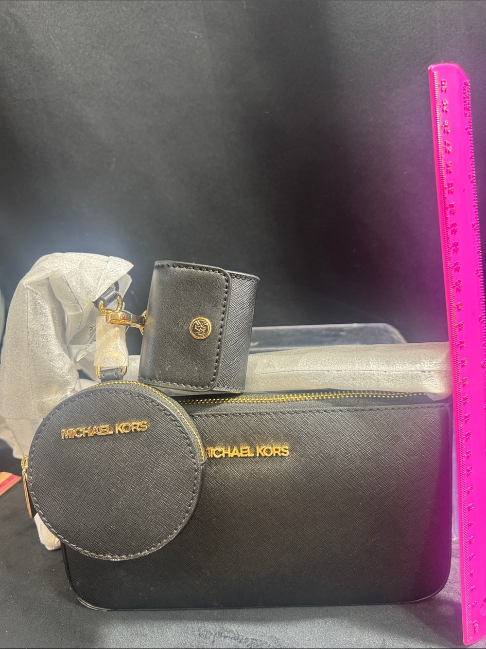 Michael Kors Black Saffiano Crossbody with Gold Hardware and Coin Case